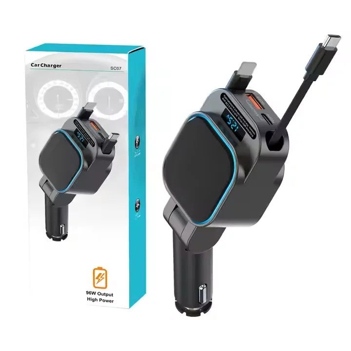 Bluejw SC07 96W 4-in-1 Dual Retractable Car Charger, USB C Fast Charging Adapter, QC3.0 & PD, LED Display, Automobile Phone Charger - Image 2